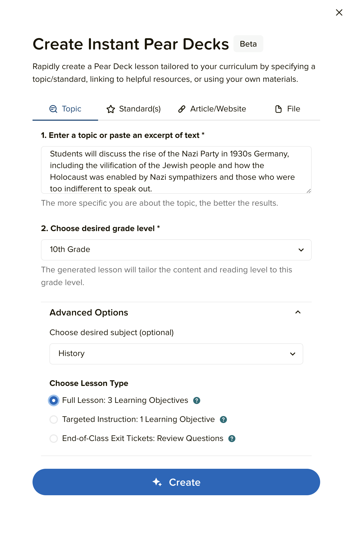 A screenshot of Pear Deck's user prompt for generating a lesson plan